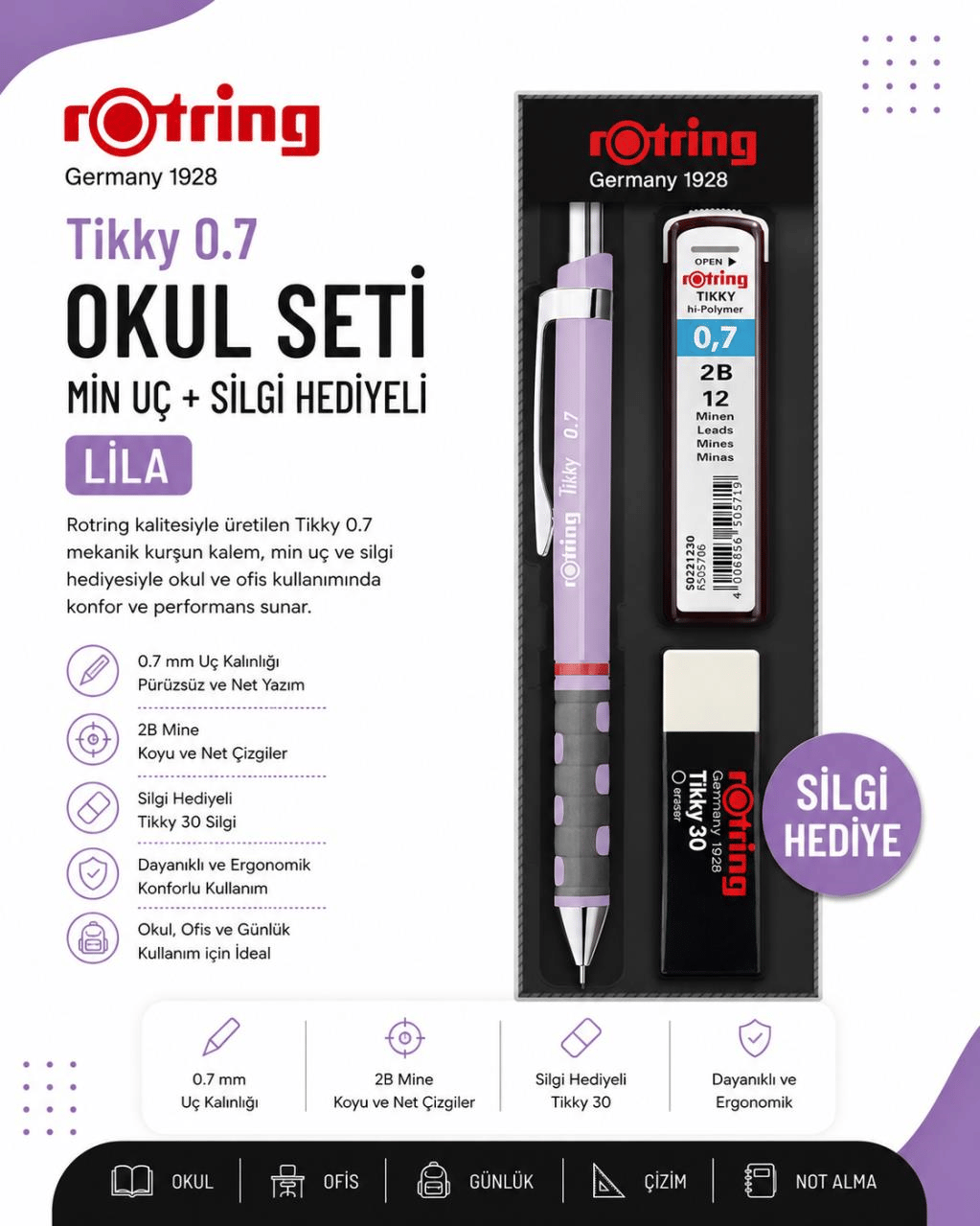 Rotring Okul Seti Tikky Min Silgi 3 LÜ 0.7 MM Lila RO-KK07-07-Lila