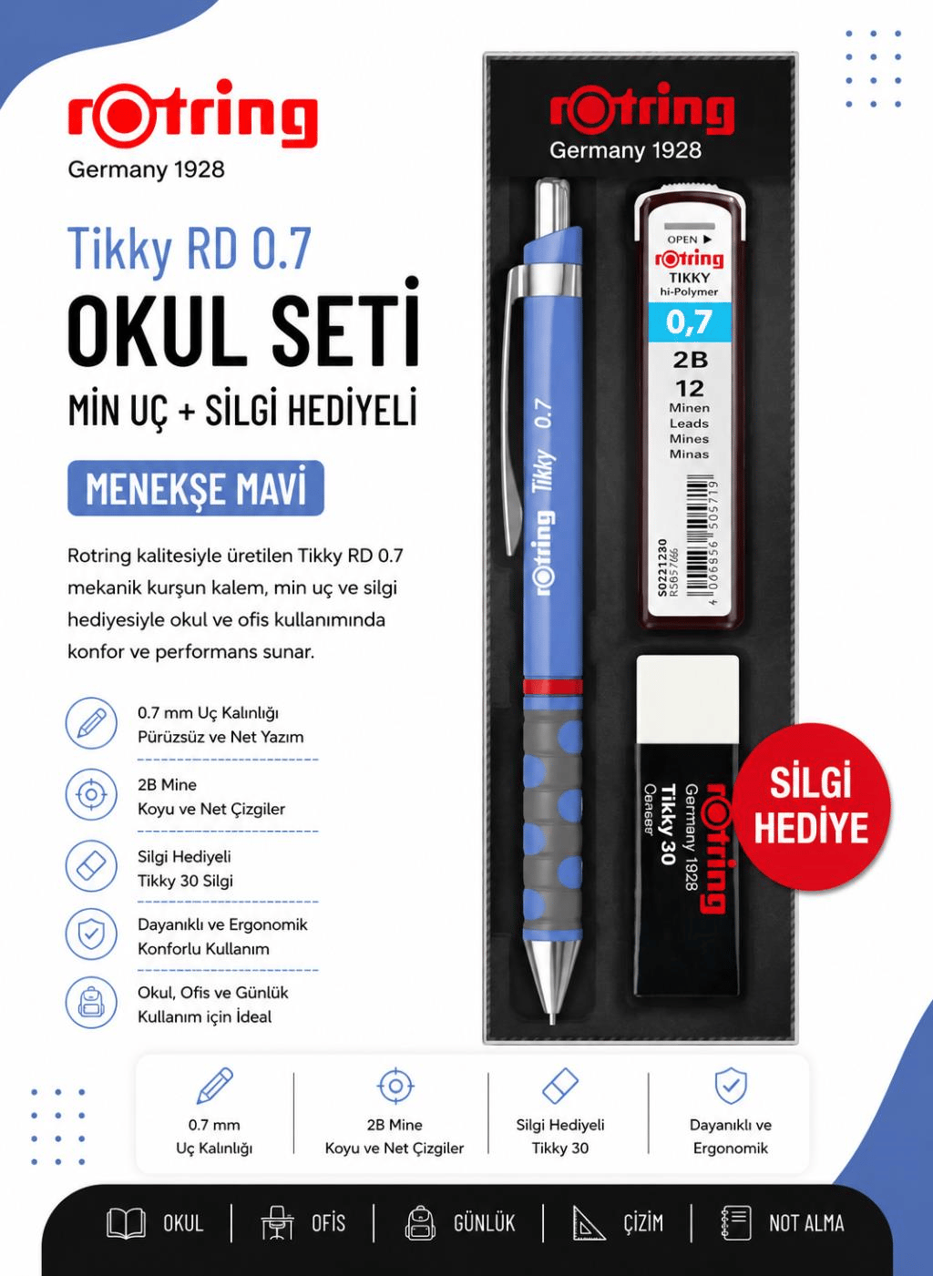 Rotring Okul Seti Tikky Rd 0.7+Min Silgi Hediyeli Menekşe Mavi