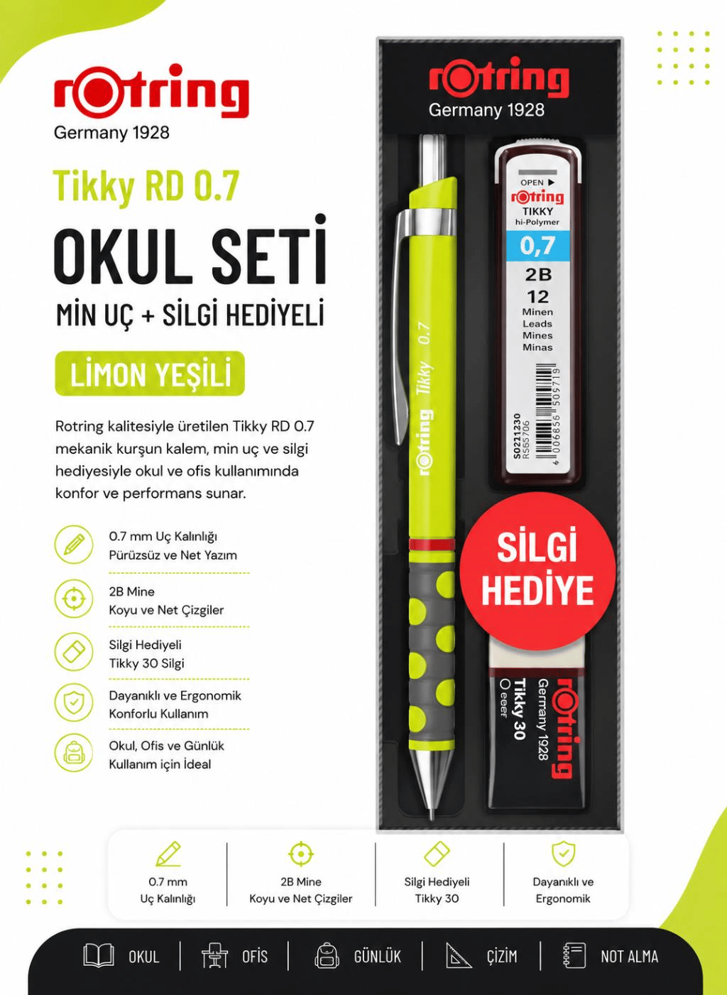 Rotring Okul Seti Tikky Rd 0.7+Min Silgi Hediyeli Limon Yeşili