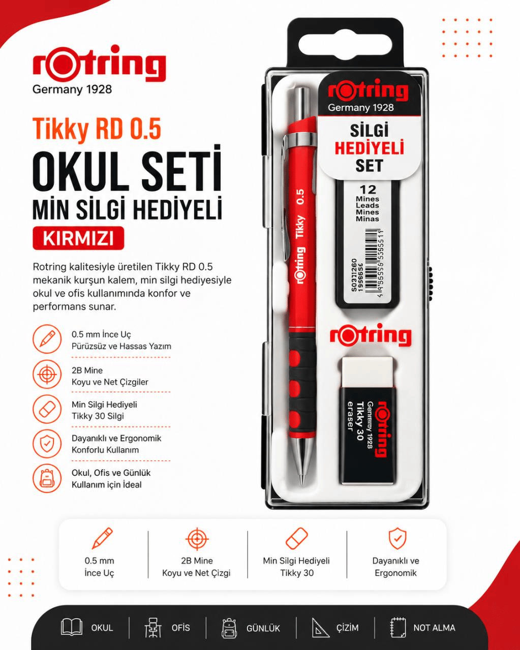 Rotring Okul Seti Tikky RD 0.5 + Min Silgi Hediyeli Kırmızı