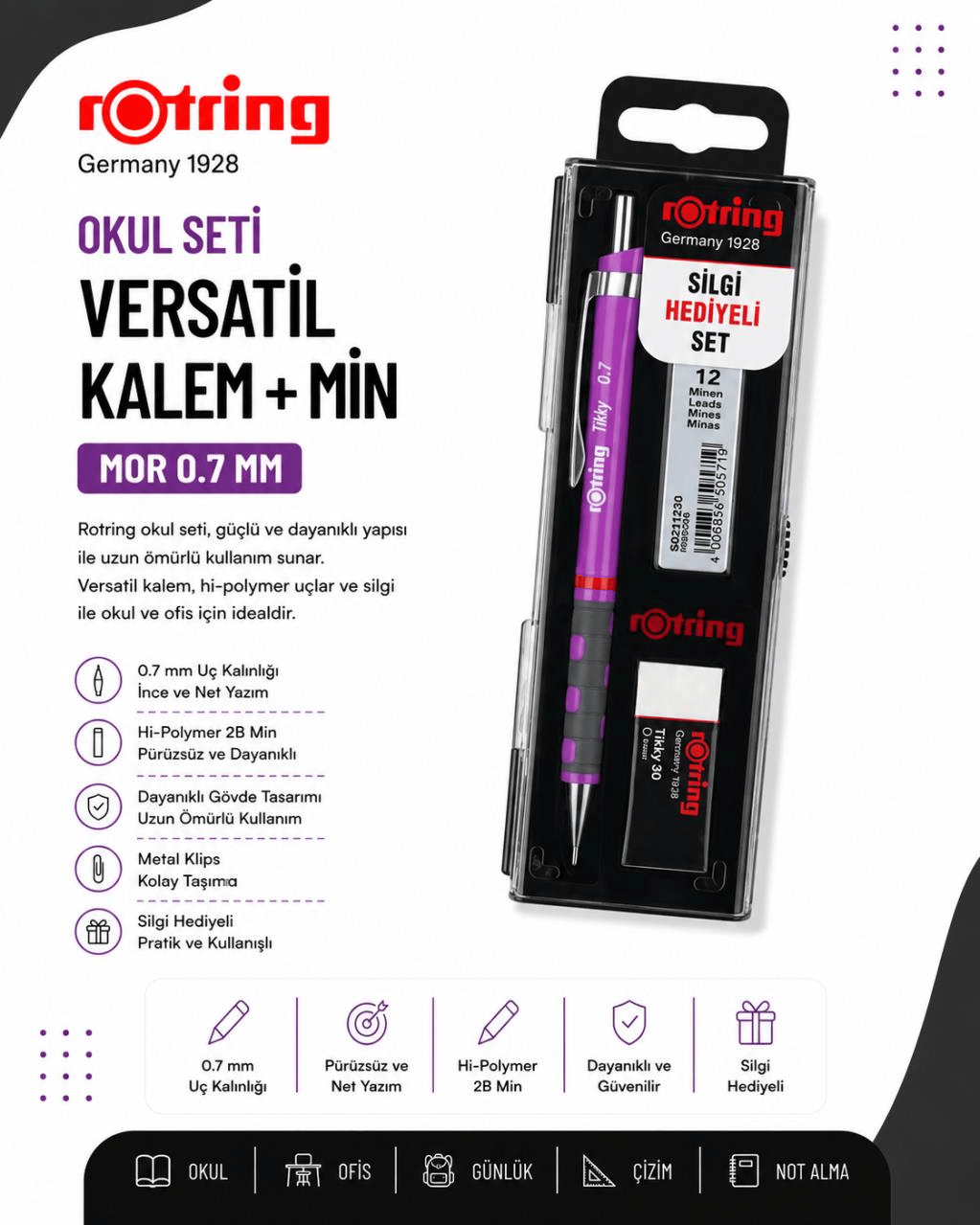 Rotring Okul Seti Versatil+Min Silgi Hediyeli 0.7 MM Mor RO-KK07-07MO