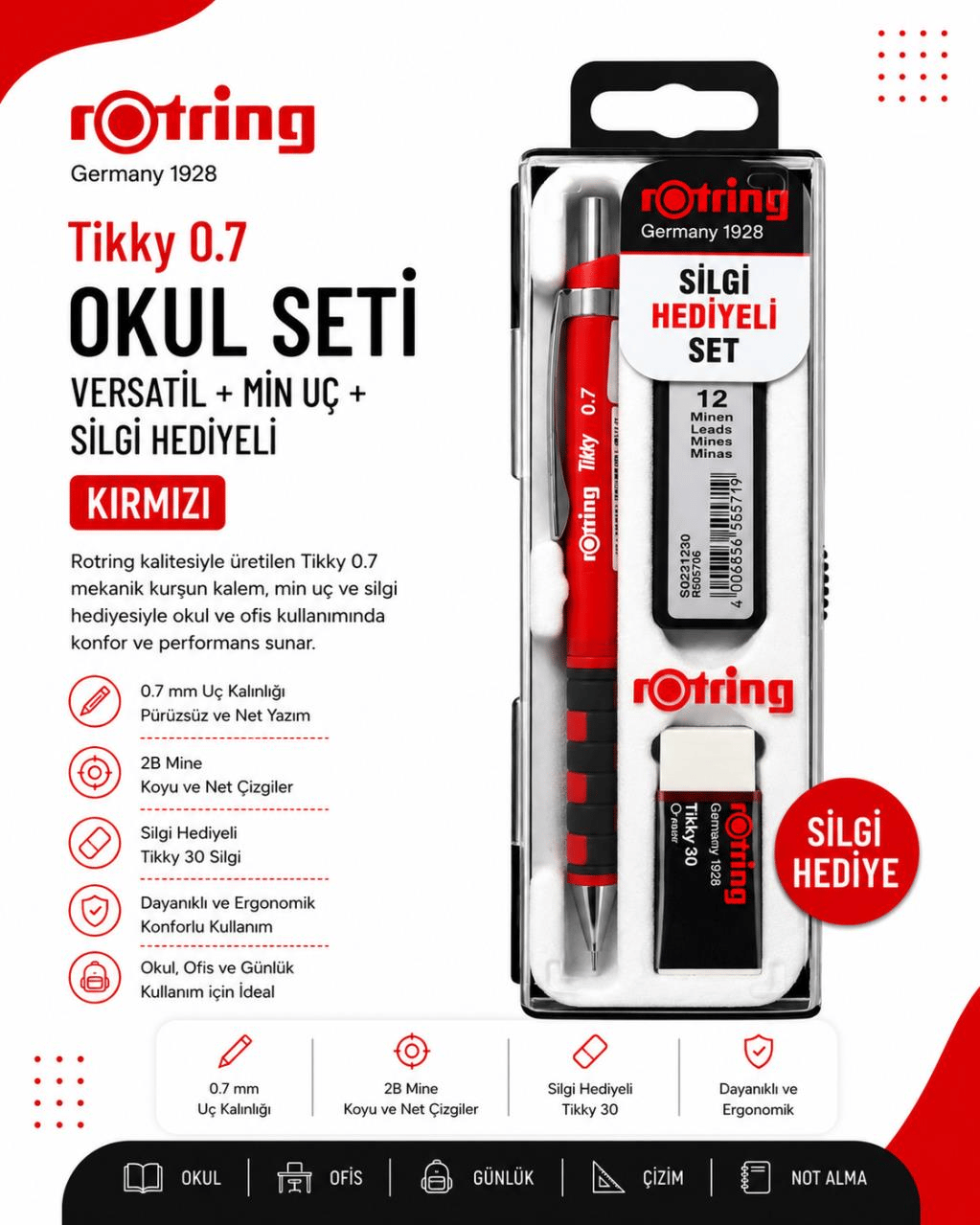 Rotring Okul Seti Versatil+Min Silgi Hediyeli 0.7 MM Kırmızı RO-KK07-07K