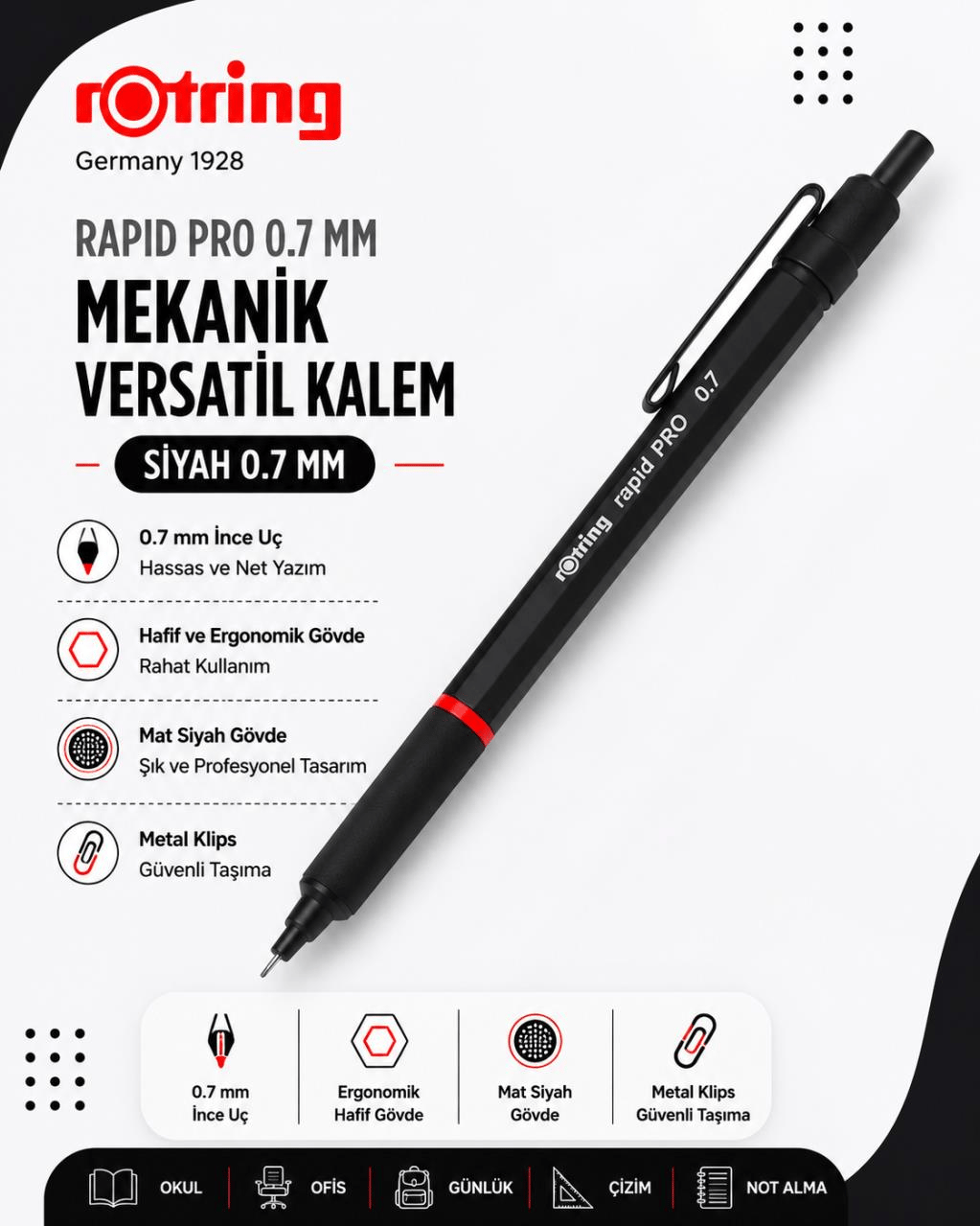 Rotring Rapid Pro 0.7 MM Mekanik Versatil Kalem Siyah 1904257