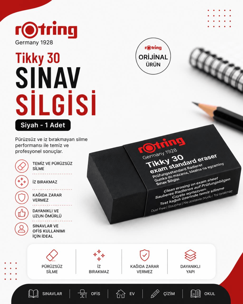 Rotring Sınav Silgisi Tikky 30 Siyah - 1 Adet
