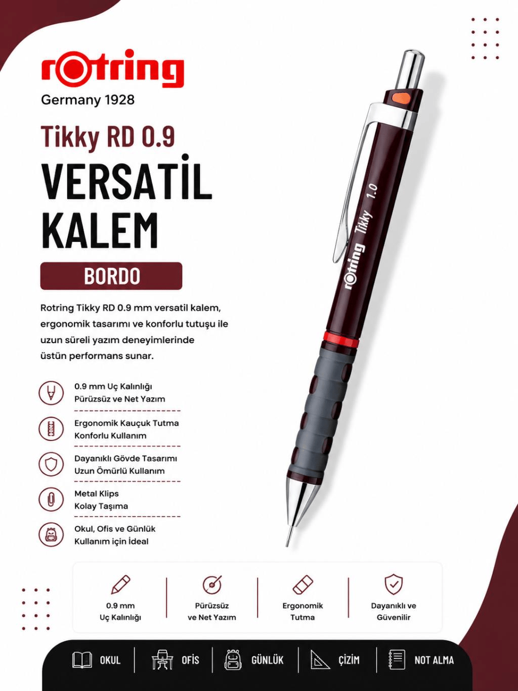 Rotring Versatil Kalem Tikky RD 0.9 MM Bordo 1904693