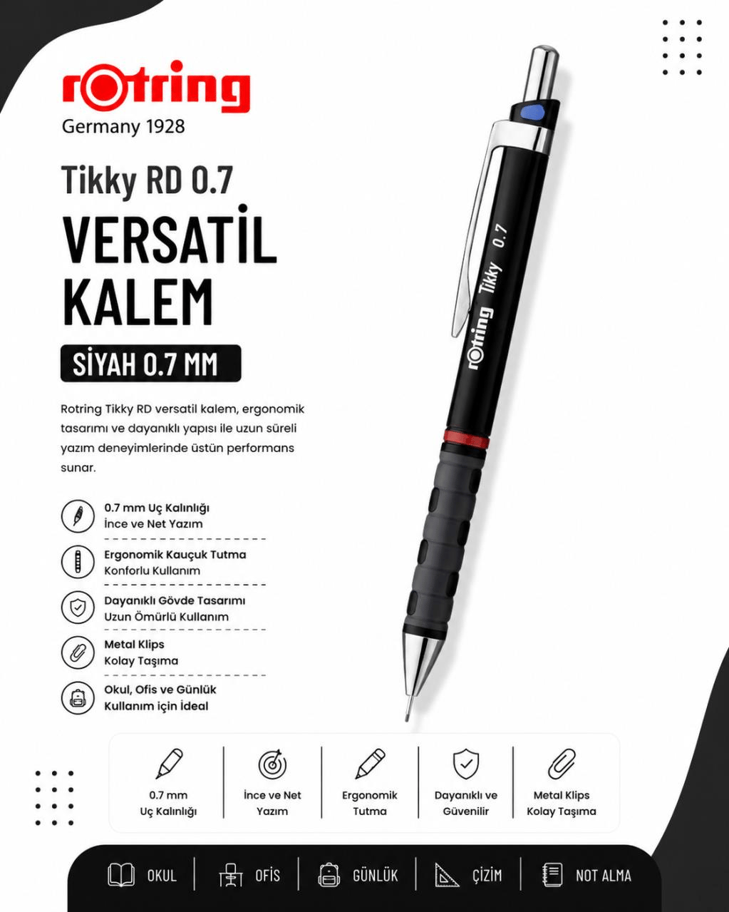 Rotring Versatil Kalem Tikky RD 0.7 MM Siyah