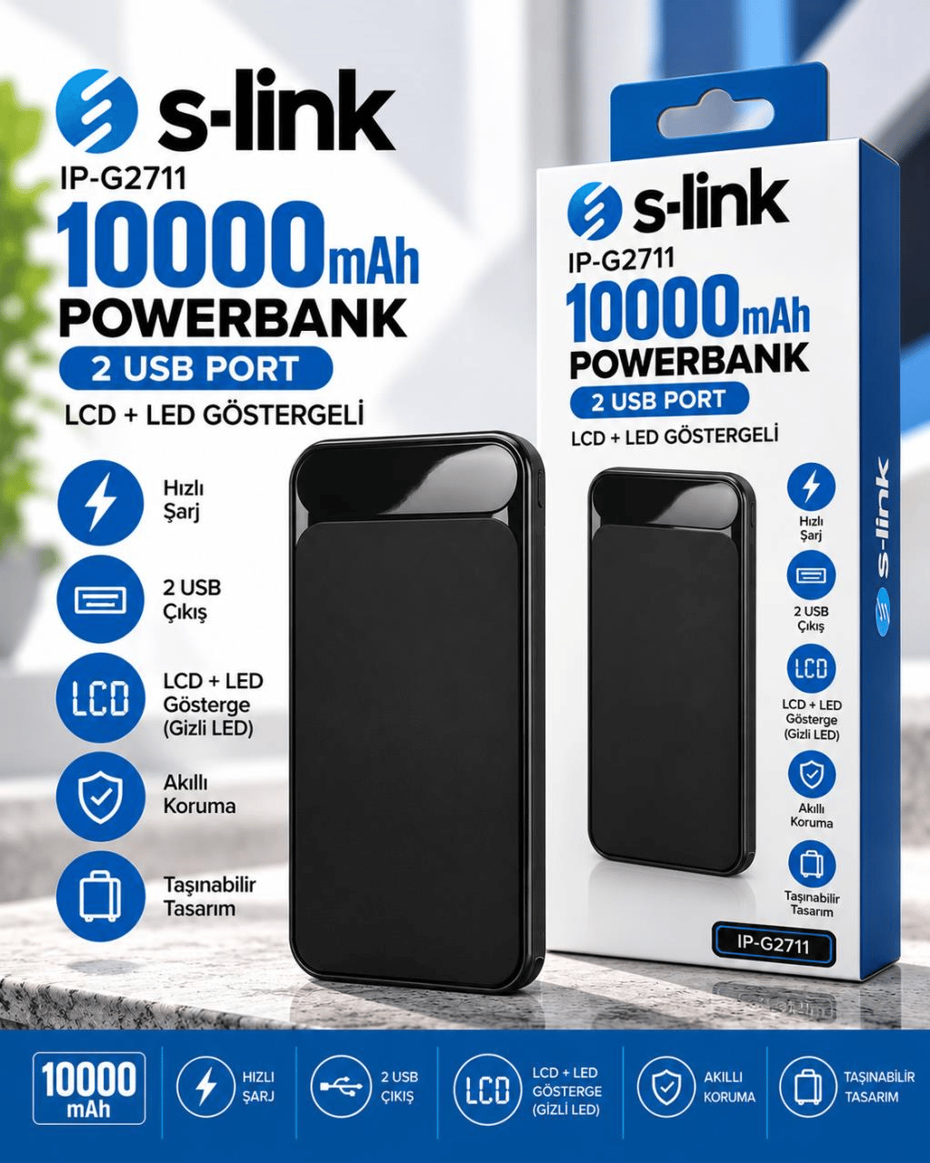 S-link IP-G2711 10000mAh Powerbank 2 Usb Port Siyah LCD+LED Gösterli Pil Şarj Cihazı(Gizli Led)