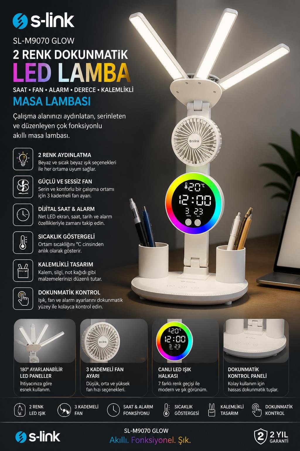 S-link SL-M9070 Glow Beyaz Dokunmatik Led Lamba Saat, Fan,Derece Kalemlikli Masa Lambası
