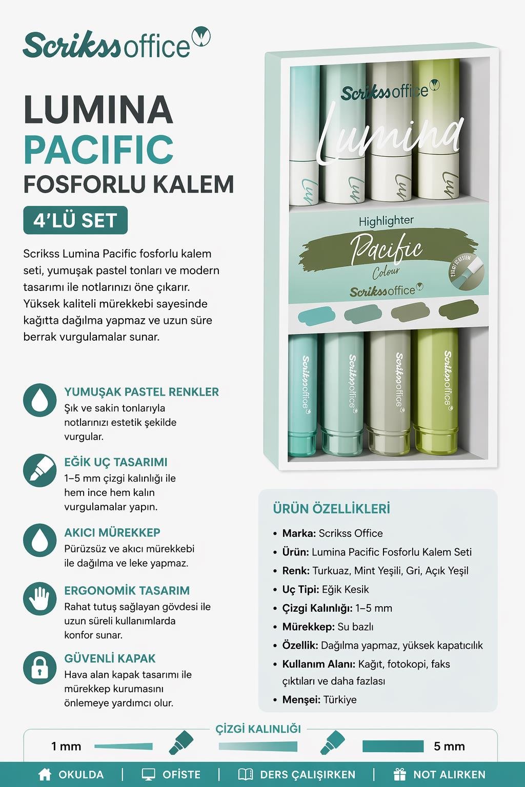 Scrikss Lumina Pacific Fosforlu Kalem 4'lü Set
