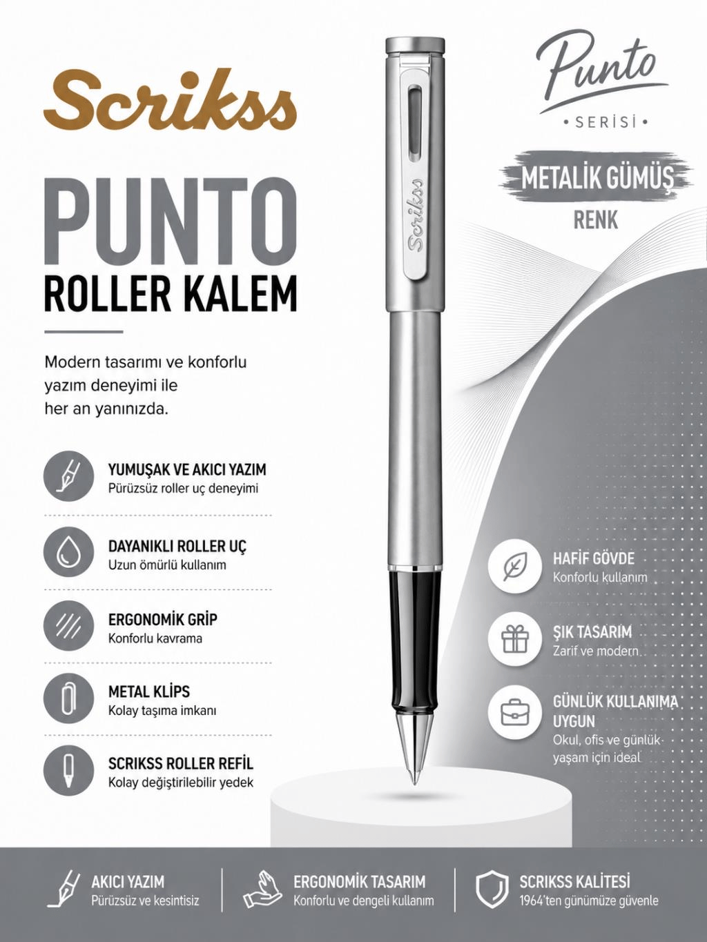 Scrikss Punto Roller Kalem Metalik Gümüş