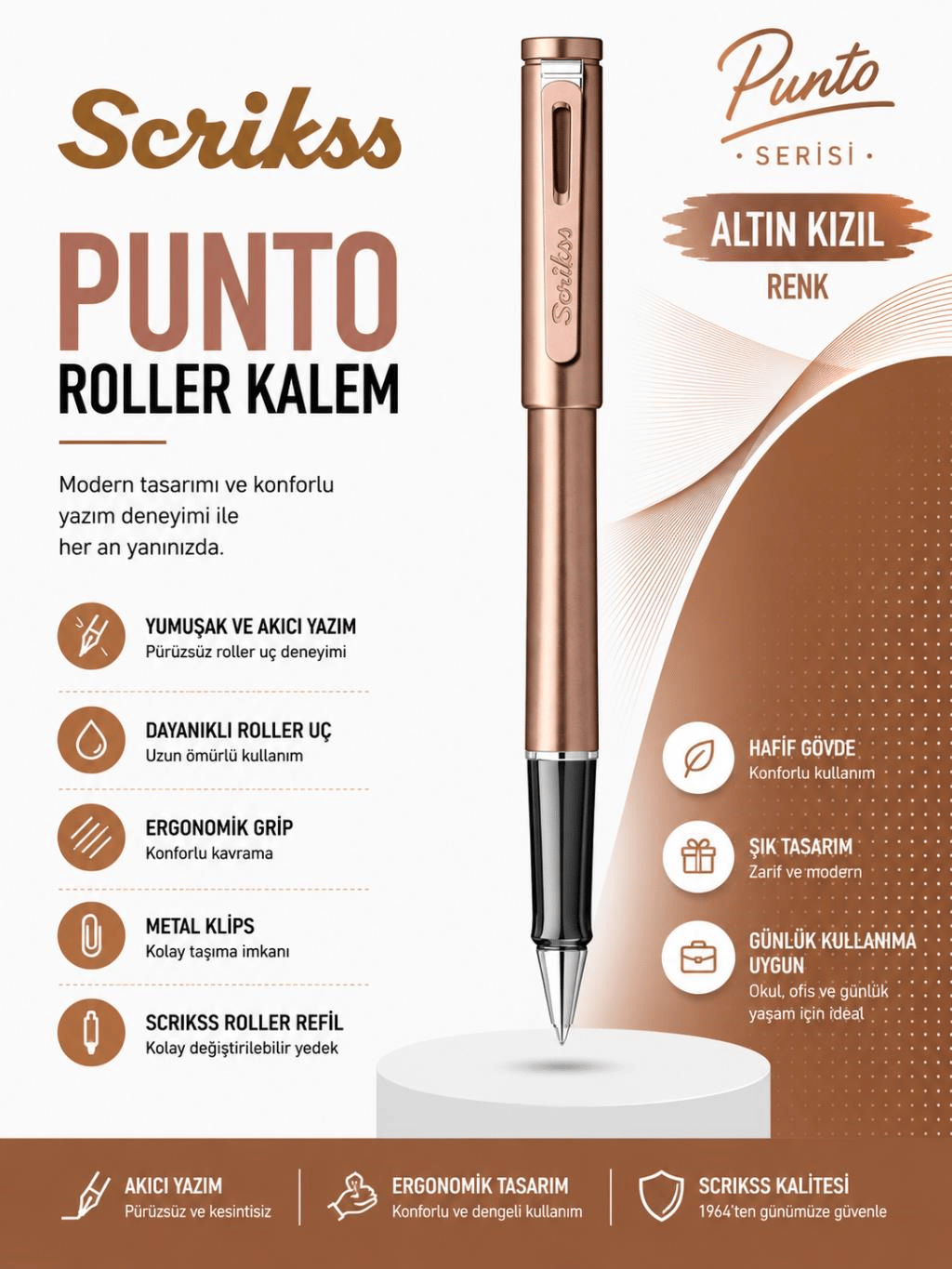 Scrikss Punto Roller Kalem Metalik Kızıl Altın