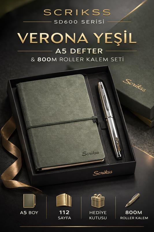 Scrikss SD600-11 Verona Yeşil A5 Defter & 800M Roller Kalem Krom Set