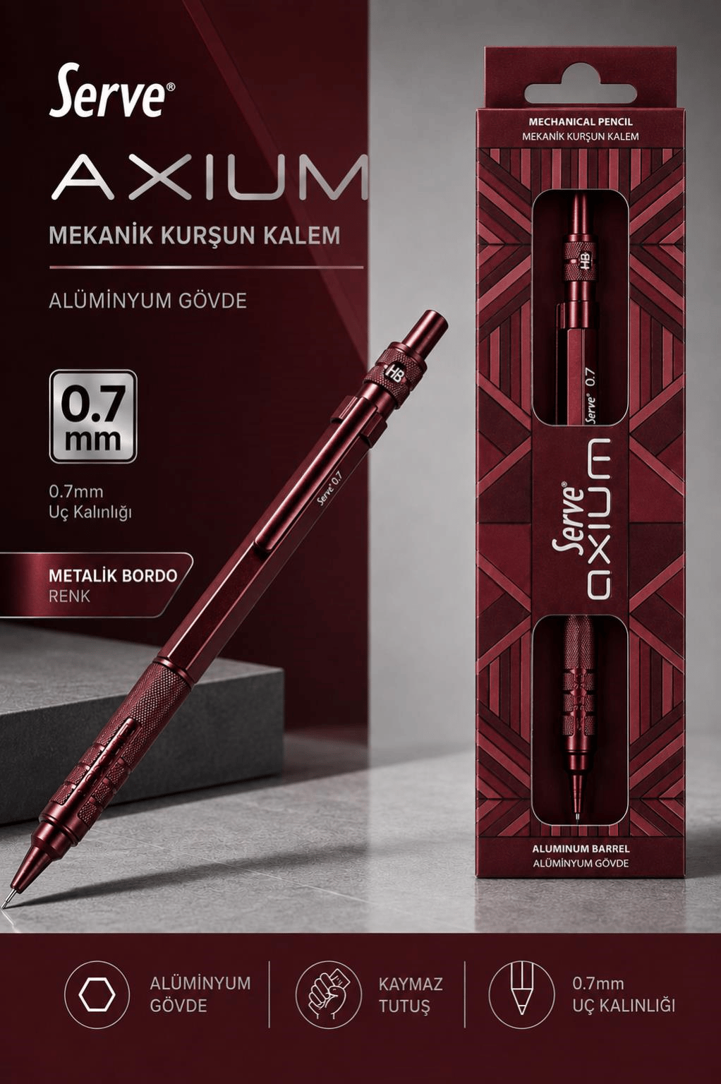 Serve Axium Mekanik Kurşun Kalem 0.7 mm Alüminyum Gövde - Metalik Bordo