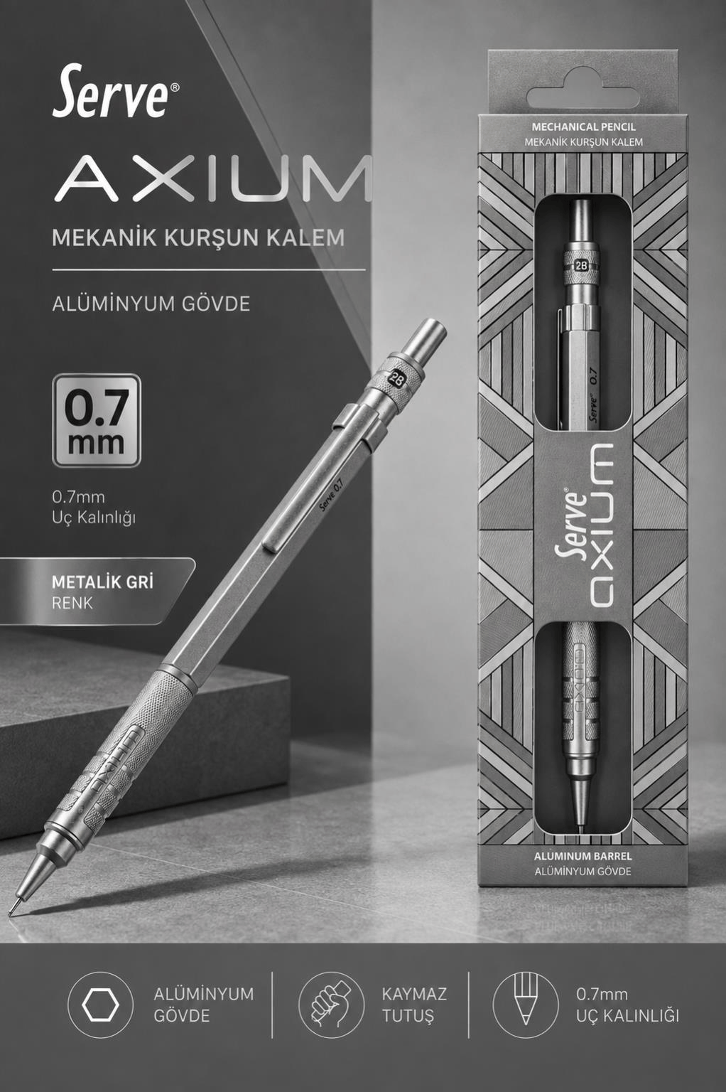 Serve Axium Mekanik Kurşun Kalem 0.7 mm Alüminyum Gövde - Metalik Gri