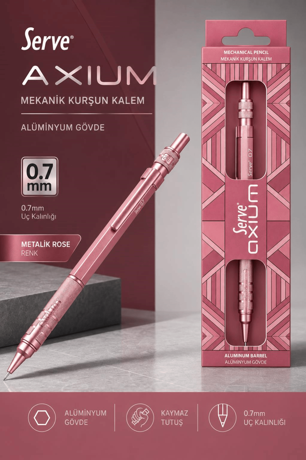 Serve Axium Mekanik Kurşun Kalem 0.7 mm Alüminyum Gövde - Metalik Rose