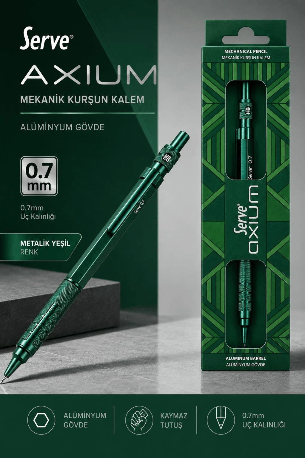Serve Axium Mekanik Kurşun Kalem 0.7 mm Alüminyum Gövde - Metalik Yeşil