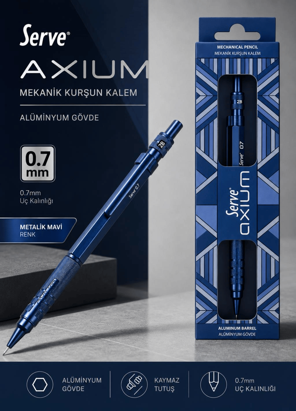 Serve Axium Mekanik Kurşun Kalem 0.7 mm Alüminyum Gövde - Metalik Lacivert