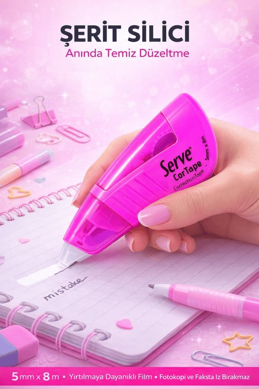 Serve Cortape Şerit Silici 5 mm*8Mt Fosforlu Pembe