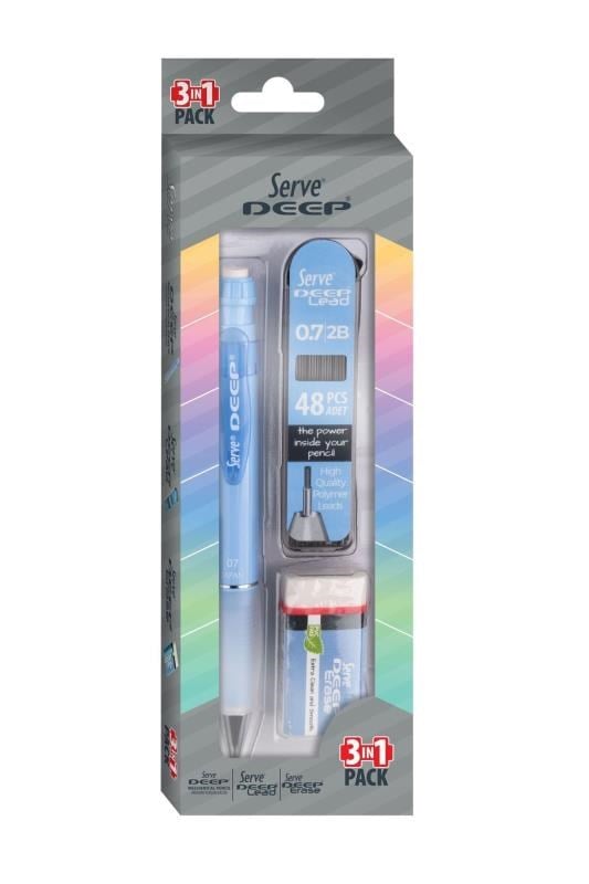 Serve Deep 0.7 mm Versatil Kalem Seti – Gök Mavi (Kalem + 48’li 2B Min + Silgi)
