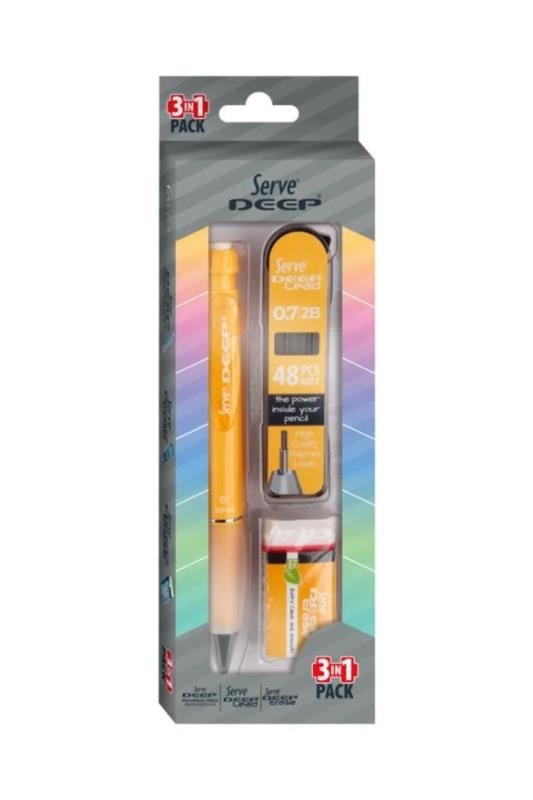 Serve Deep 0.7 mm Versatil Kalem Seti – Hardal Sarısı (Kalem + 48’li 2B Min + Silgi)