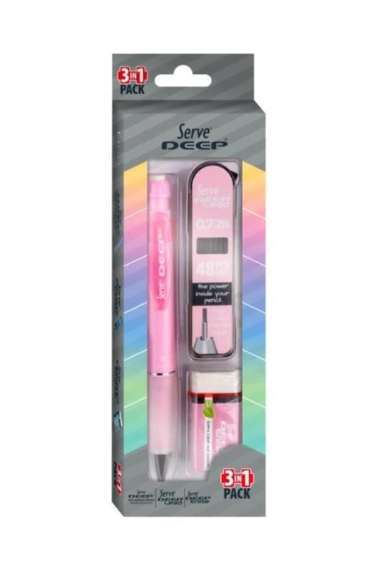 Serve Deep 0.7 mm Versatil Kalem Seti – Şeker Pembe (Kalem + 48’li 2B Min + Silgi)