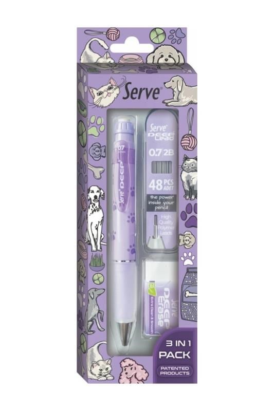 Serve Deep Doğa Serisi Pati Desenli 0.7 mm Versatil Kalem Seti – Lavanta (Kalem + 48’li 2B Min + Silgi)