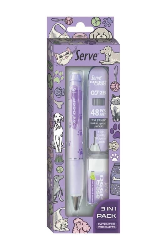 Serve Deep Doğa Serisi Pati Desenli 0.7 mm Versatil Kalem Seti – Lavanta (Kalem + 48’li 2B Min + Silgi)