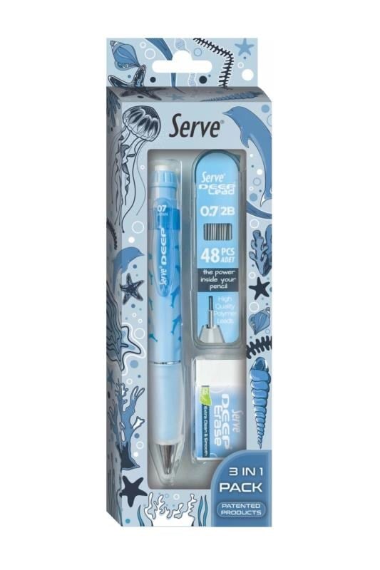 Serve Deep Doğa Serisi Summer Desenli 0.7 mm Versatil Kalem Seti – Gök Mavi (Kalem + 48’li 2B Min + Silgi)