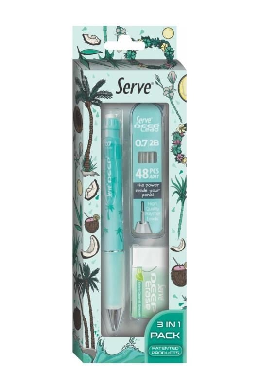 Serve Deep Doğa Serisi Summer Desenli 0.7 mm Versatil Kalem Seti – Nane Yeşili (Kalem + 48’li 2B Min + Silgi)
