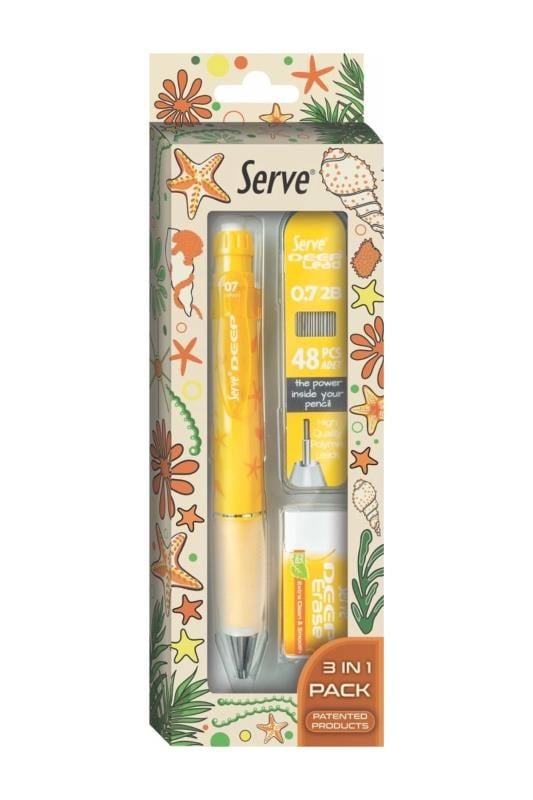 Serve Deep Doğa Serisi Summer Desenli 0.7 mm Versatil Kalem Seti – Hardal Sarısı (Kalem + 48’li 2B Min + Silgi)