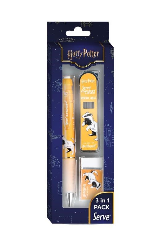 Serve Deep Üçlü Set 0.7 mm – Harry Potter Koleksiyonu Mekanik Versatil Kalem, 2B Min (48’li) & PVC’siz Silgi Seti - Hardal Sarı