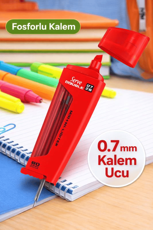 Serve Double Min 0.7 2B + Fosforlu Kalem Kırmızı | 80 Adet 0.7 mm Kalem Ucu | 2’si 1 Arada