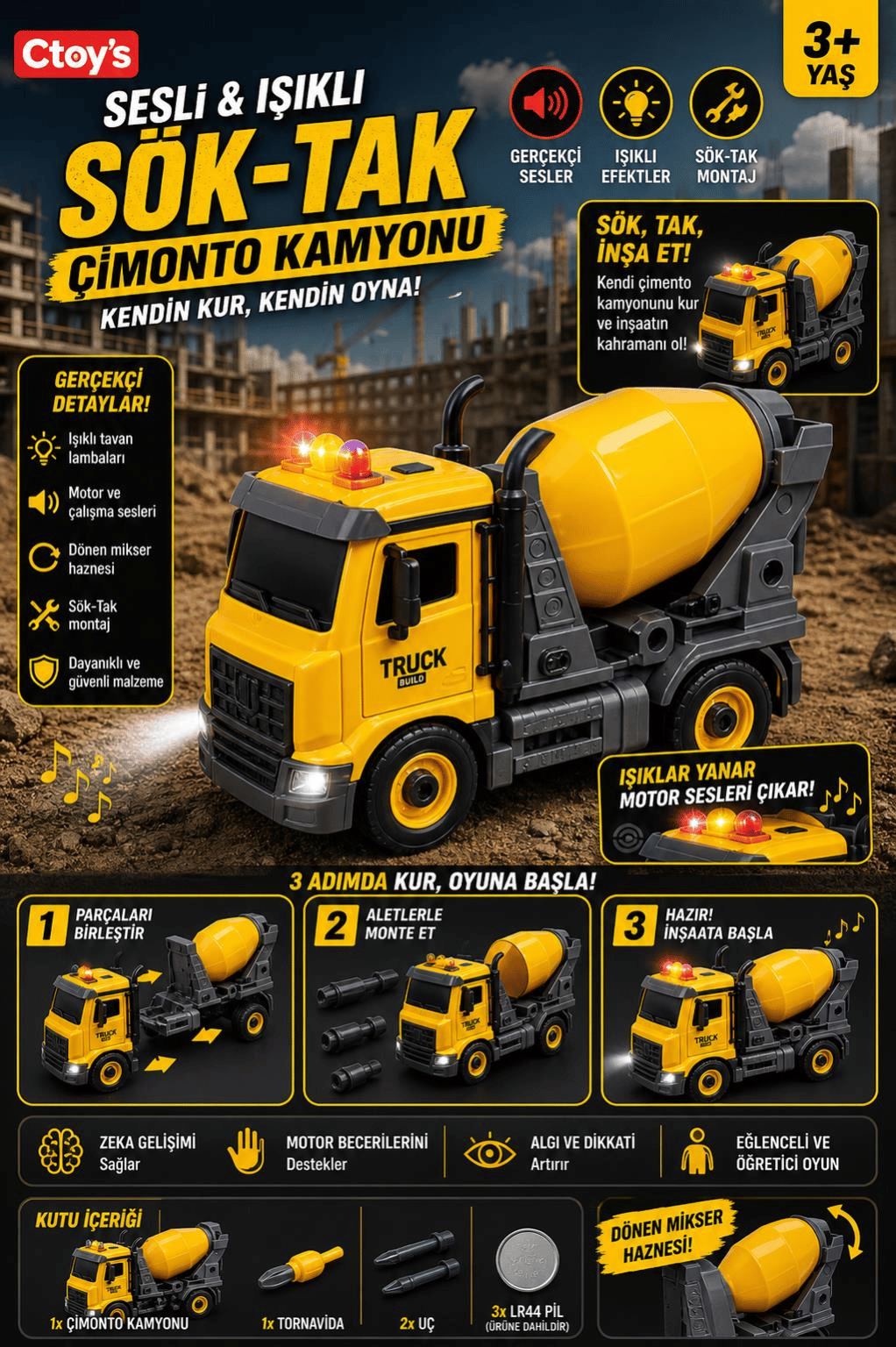 Sesli ve Işıklı Sök Tak Sarı Çimonto Kamyonu YW9075C