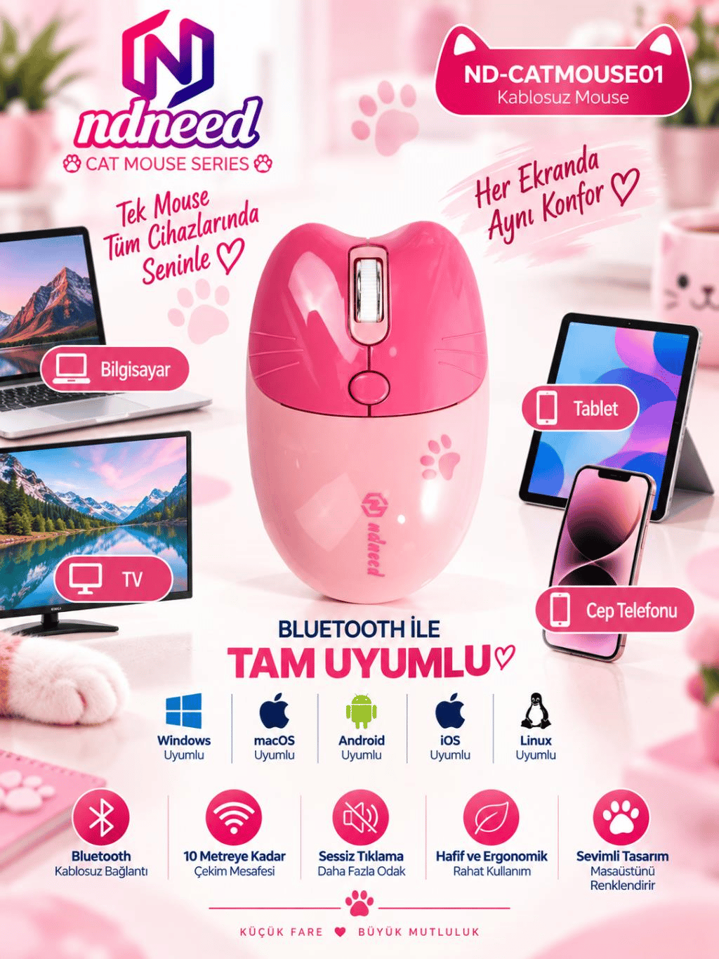 Sevimli Kedi Kablosuz Pembe Mouse Bluetooth + 2.4G Dual Mode Catmouse