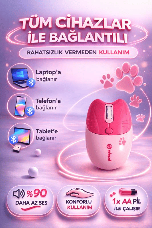 Sevimli Kedi Kablosuz Pembe Mouse Bluetooth + 2.4G Dual Mode Catmouse