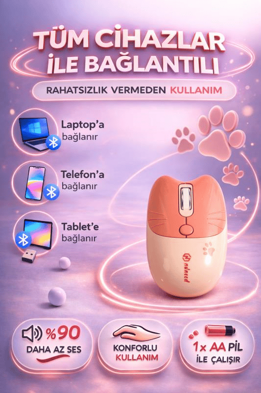 Sevimli Kedi Kablosuz Pudra-Bej Mouse Bluetooth + Dual Mode Catmouse