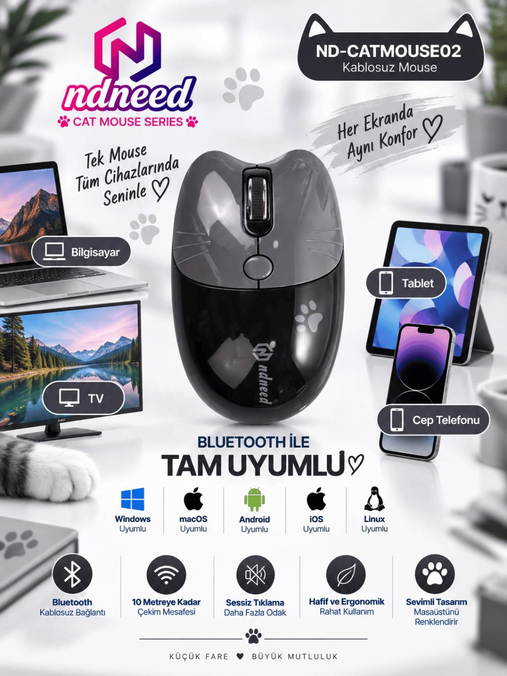 Sevimli Kedi Kablosuz Siyah Mouse Bluetooth + 2.4G Dual Mode Catmouse