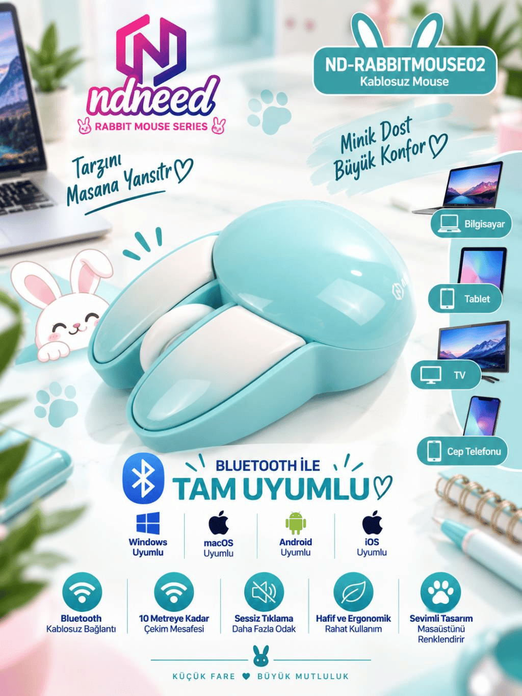 Sevimli Tavşan 3D Mavi Mouse Bluetooth + 2.4G Dual Mode