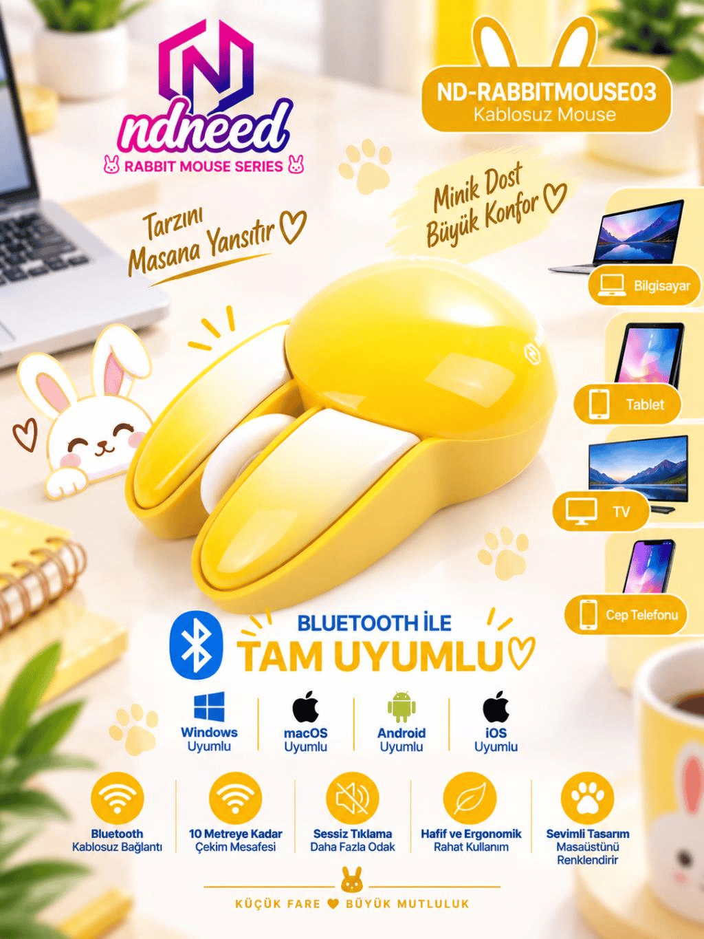 Sevimli Tavşan 3D Sarı Mouse Bluetooth + 2.4G Dual Mode