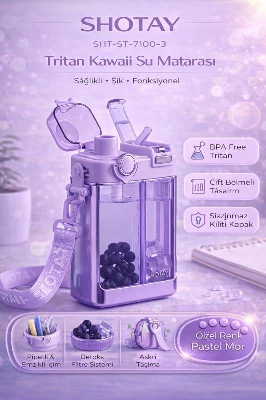 Shotay Çift Gözlü Bpa Free Tritan 700 ml Pastel Mor Plastik Matara - SHT-ST-7100