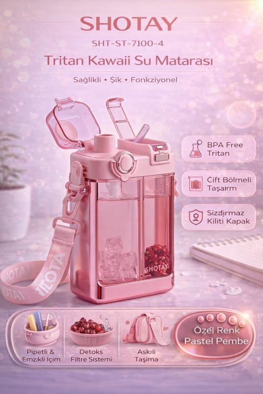 Shotay Çift Gözlü Bpa Free Tritan 700 ml Pastel Pembe Plastik Matara - SHT-ST-7100