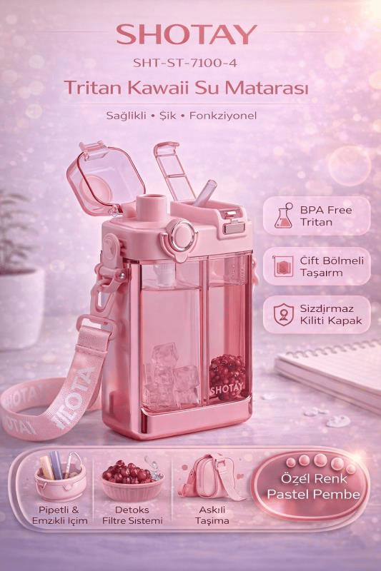Shotay Çift Gözlü Bpa Free Tritan 700 ml Pastel Pembe Plastik Matara - SHT-ST-7100