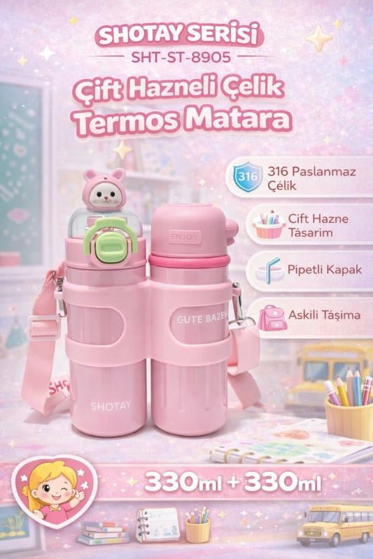 Shotay Termos Matara 330 ml + 330 ml Çift Hazneli 316 Çelik Pipetli Pembe – SHT-ST-8905