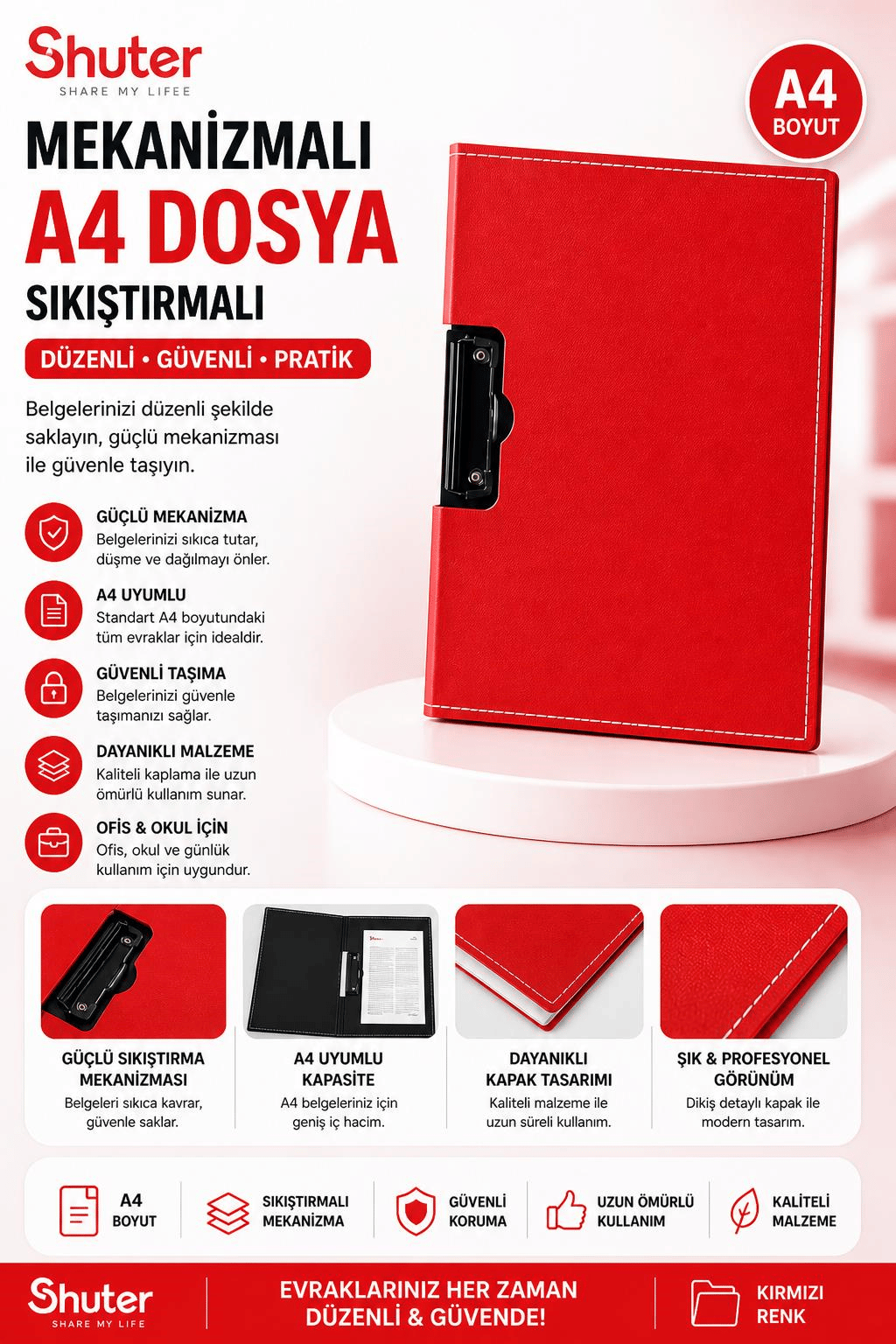Shuter U1033 Sıkıştırmalı Dosya A4 Tek Mekanizmalı Kırmızı KOD:U1033