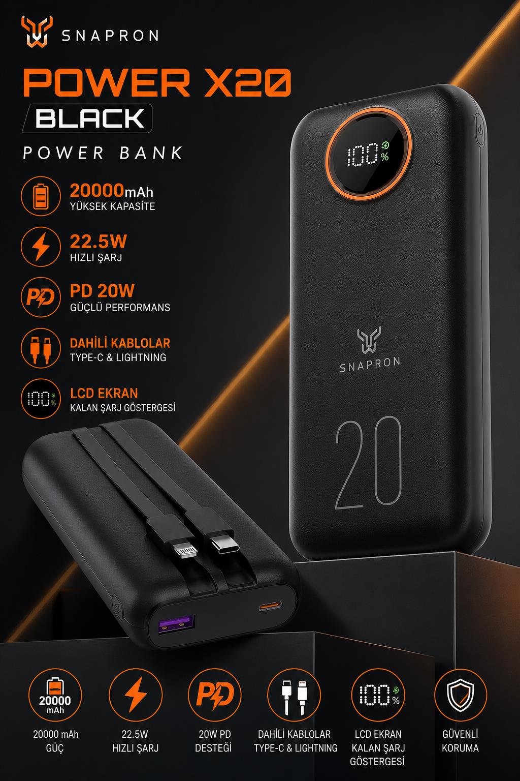 Snapron SNP-3013 20.000 Mah LCD Ekran Dahili Kablolu 22.5w Hızlı Şarj Powerbank