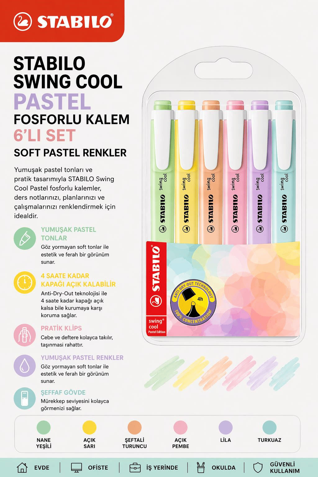 Stabilo Swing Cool Pastel Fosforlu Kalem 6’lı Set – Soft Pastel Renkler