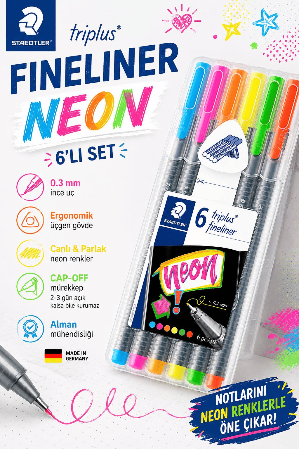 Staedtler 334 Sb6Cs3 Triplus Üçgen Fineliner Neon Renk 0.3 Mm 6'lı Set