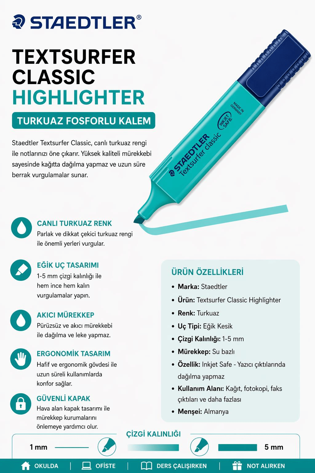 Staedtler Textsurfer Classic Highlighter Turkuaz Fosforlu Kalem