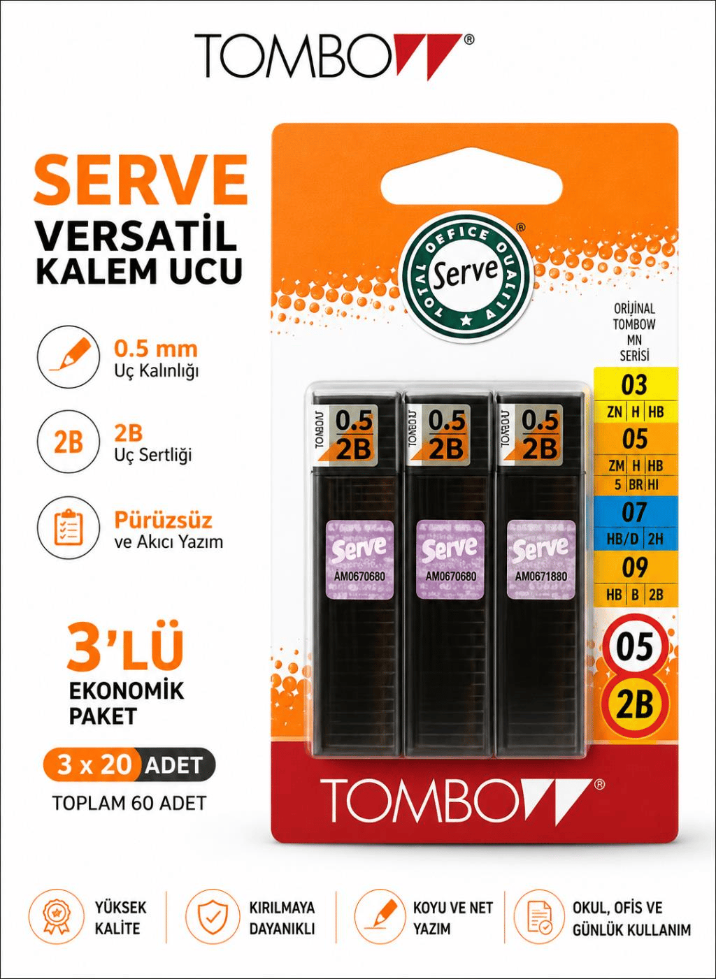Tombow Kalem ucu 0,5 mm 2B 3’lü Blister
