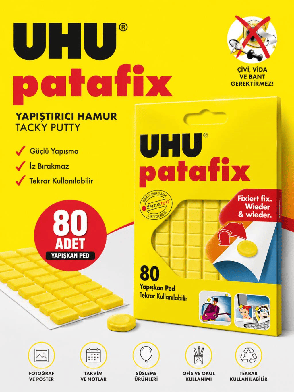 UHU Patafix Sarı Yapıştırıcı Hamur | 80 Adet Tekrar Kullanılabilir Yapışkan Ped